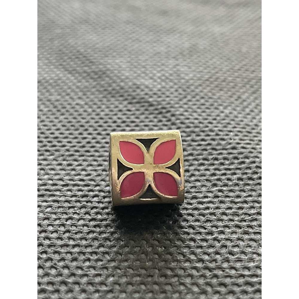 retired Pandora Sterling Silver "Four Petals Flower" pink enamel charm ALE 925